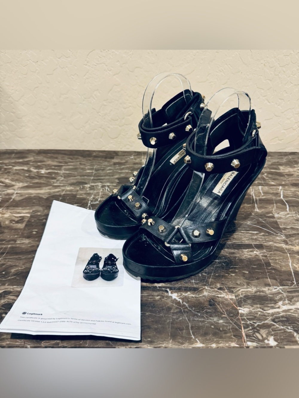 Balenciaga Black Leather Studded Wedge Sandals - Picture 16 of 16